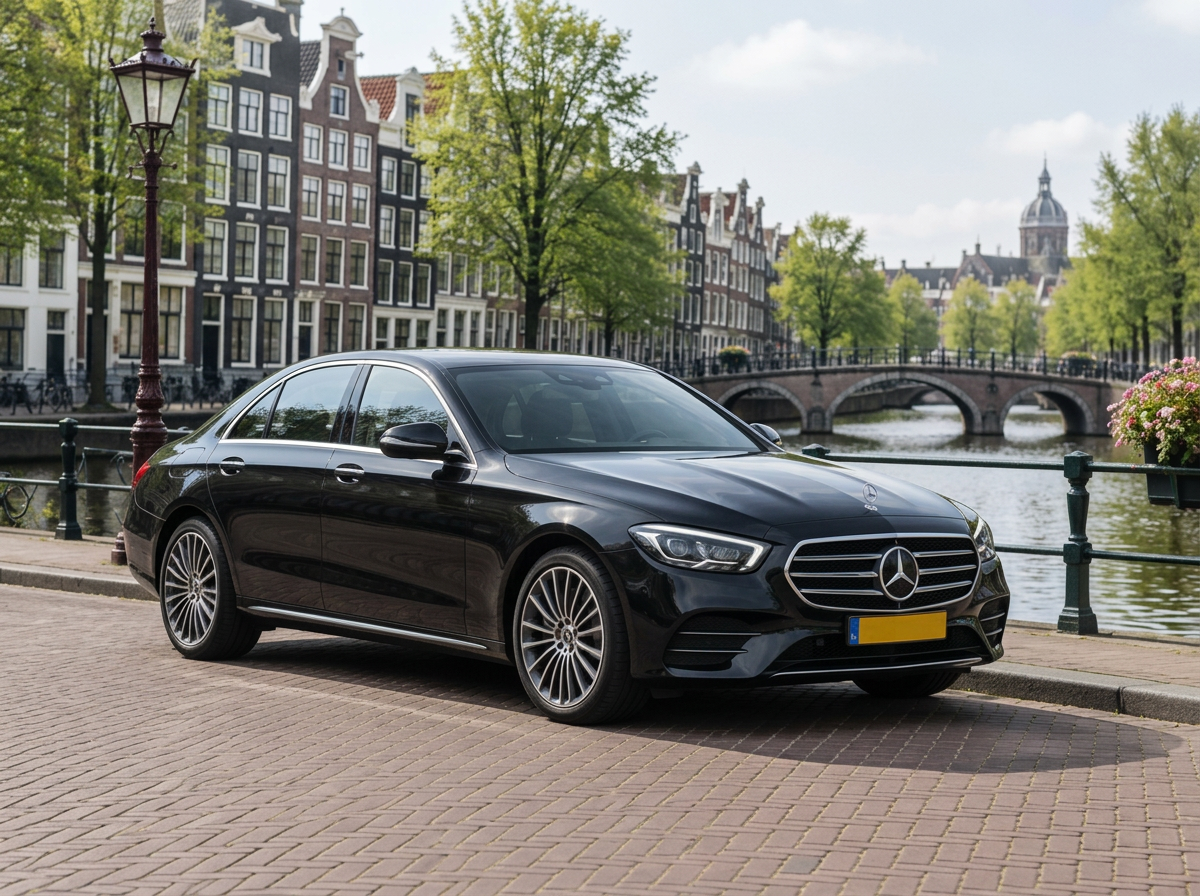 Black Mercedes-Benz E-Class sedan on an Amsterdam canal street